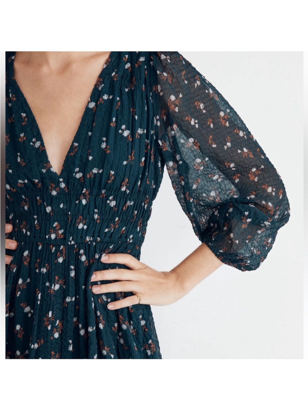 Madewell Dark Teal Floral V-Neck Midi Dress - Picture 2 of 8
